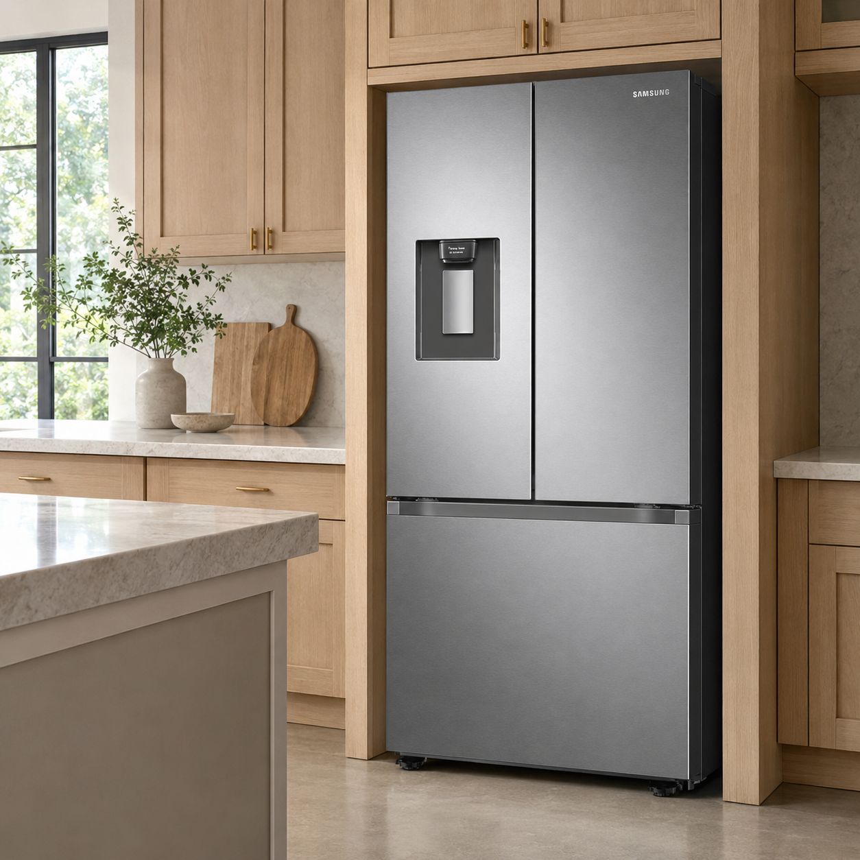 Samsung 22 Cu. Ft. 3-Door French Door Smart Refrigerator with Water Dispenser &amp; Automatic Ice Maker, 30" Width, Wi-Fi SmartThings Connectivity, Fingerprint Resistant Stainless Steel (RF22A4221SR/AA)
