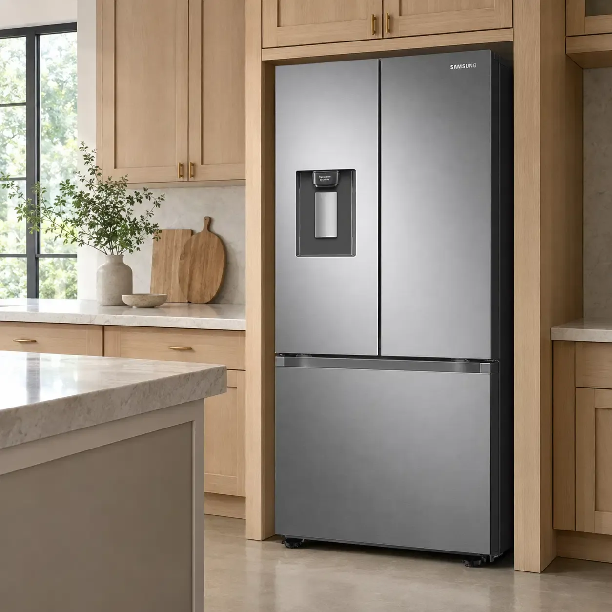 Samsung 22 Cu. Ft. 3-Door French Door Smart Refrigerator with Water Dispenser &amp; Automatic Ice Maker, 30" Width, Wi-Fi SmartThings Connectivity, Fingerprint Resistant Stainless Steel (RF22A4221SR/AA)