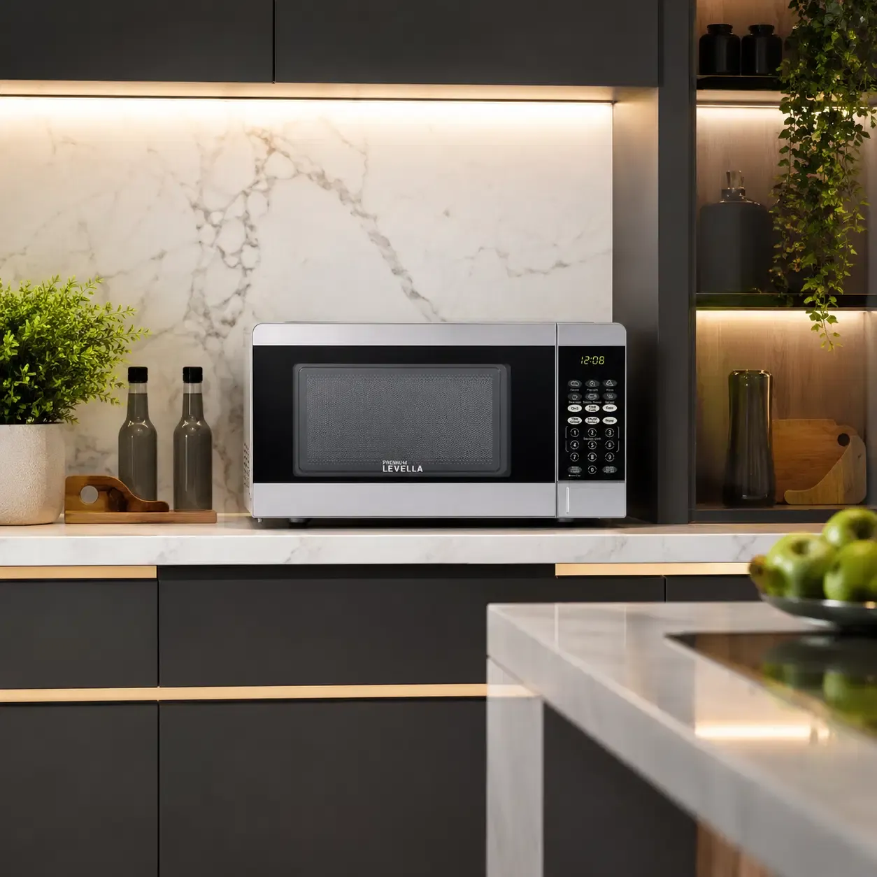 Premium Levella Digital Microwave Oven, 0.7 Cu. Ft., 700W, 10 Power Levels, Stainless Steel &amp; Black Finish (PM70720)