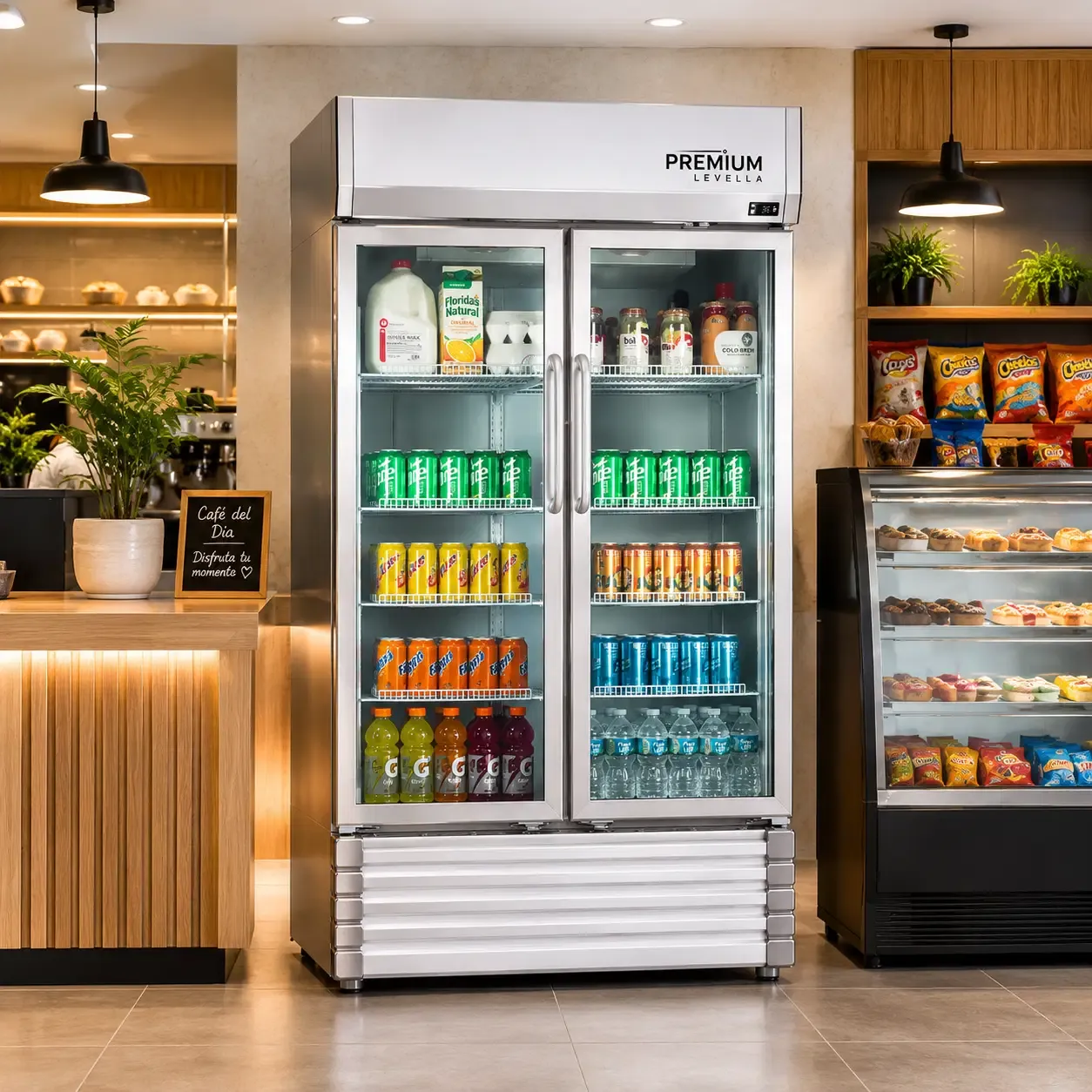 Premium Levella 29 Cu. Ft. Double Door Upright Display Refrigerator – Holds Up to 796 Cans, R290 Refrigerant, LED Lightbox, Silver Cabinet (PRN290DX)
