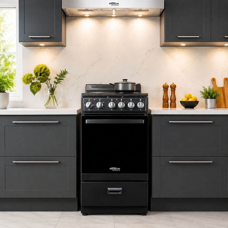 Premium Levella 20" Electric Range with Mirrored Glass Door, 2.2 Cu. Ft. Oven, 4 Coil Burners, 220V, Black (PRE2027GB)