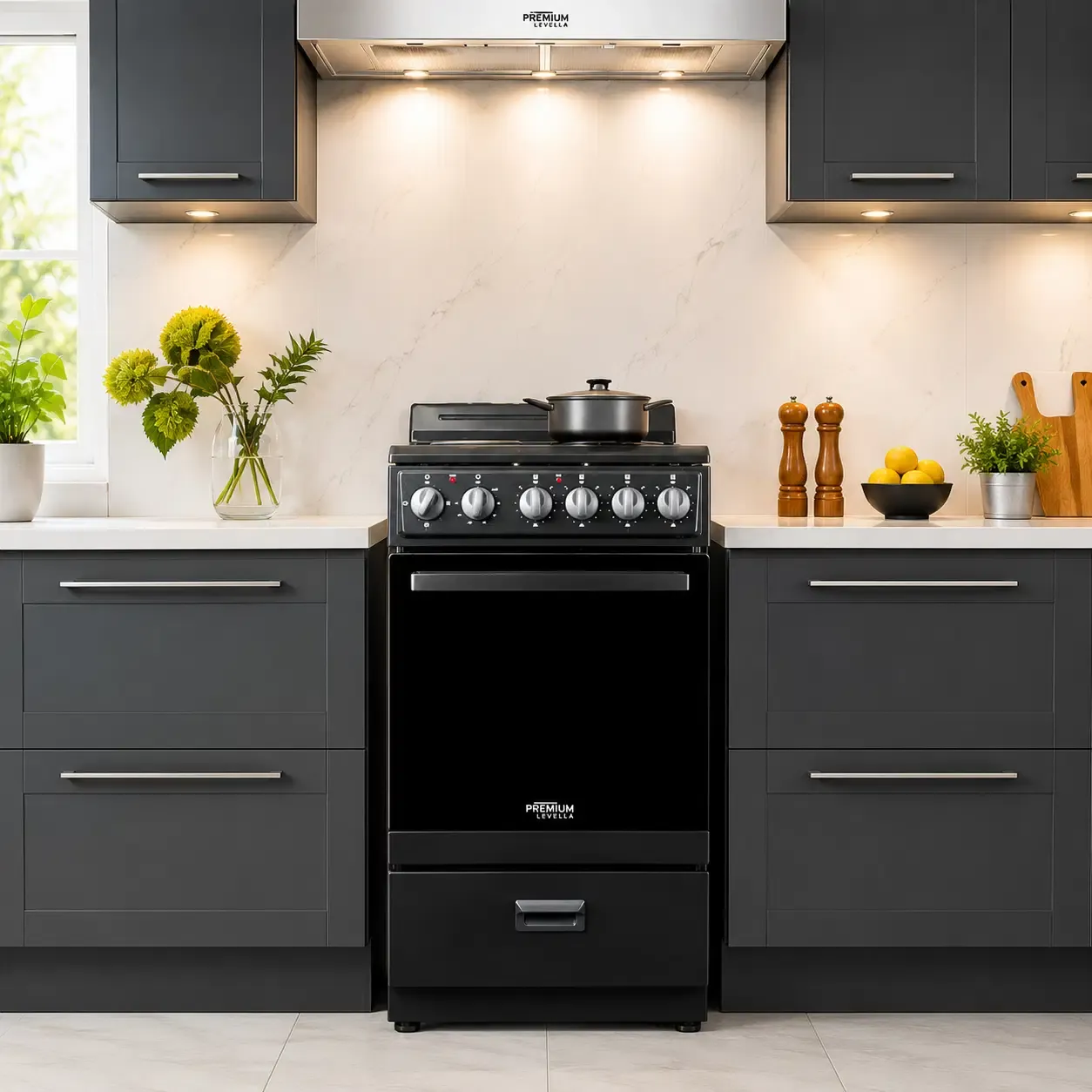Premium Levella 20" Electric Range with Mirrored Glass Door, 2.2 Cu. Ft. Oven, 4 Coil Burners, 220V, Black (PRE2027GB)