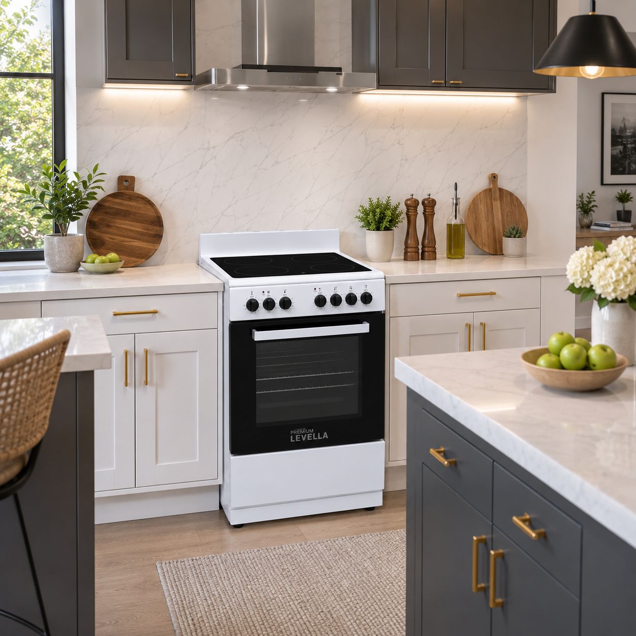 Premium Levella Electric Range 24" True Convection Vitroceramic Glass Cooktop 2.44 Cu. Ft. Oven 220V White (PREV2405VW)