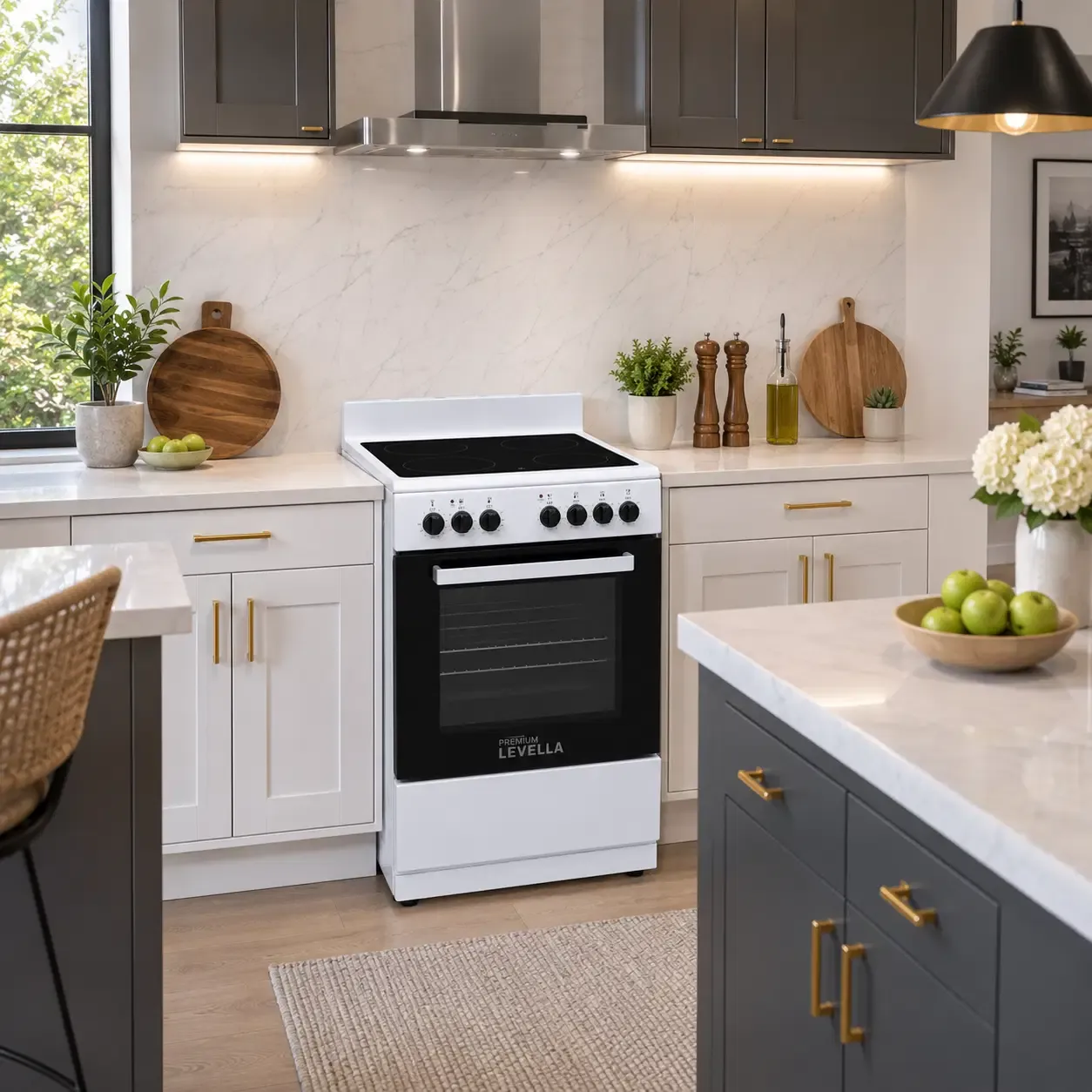 Premium Levella Electric Range 24" True Convection Vitroceramic Glass Cooktop 2.44 Cu. Ft. Oven 220V White (PREV2405VW)