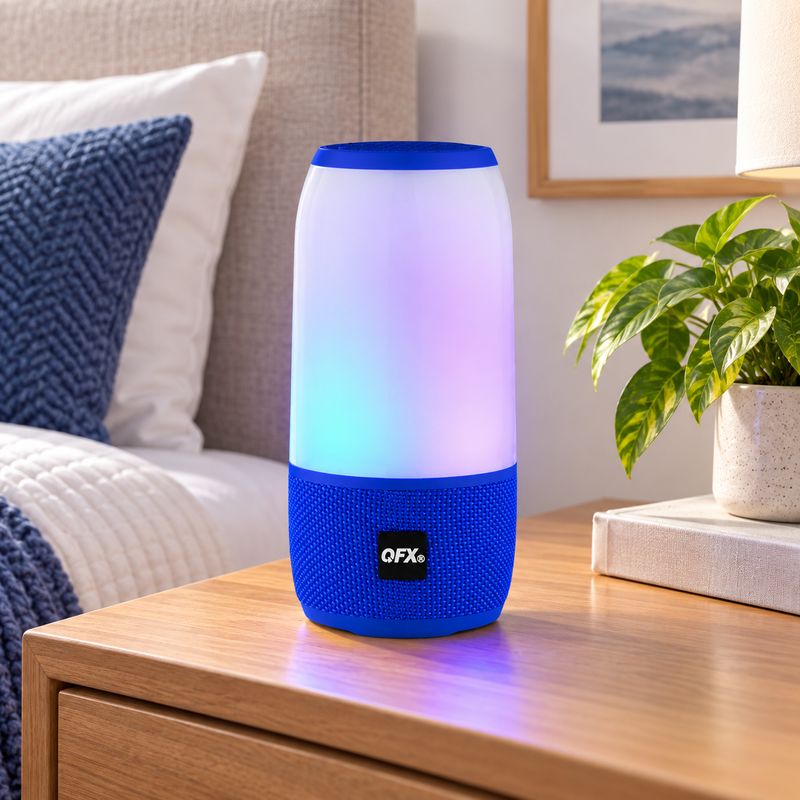 QFX 4 INCH LED BLUETOOTH SPEAKER WITH NIGHT LIGHT WIRELESS AUDIO FM RADIO USB TF AUX TWS AND RECHARGEABLE BATTERY BLUE BT-22-BLU