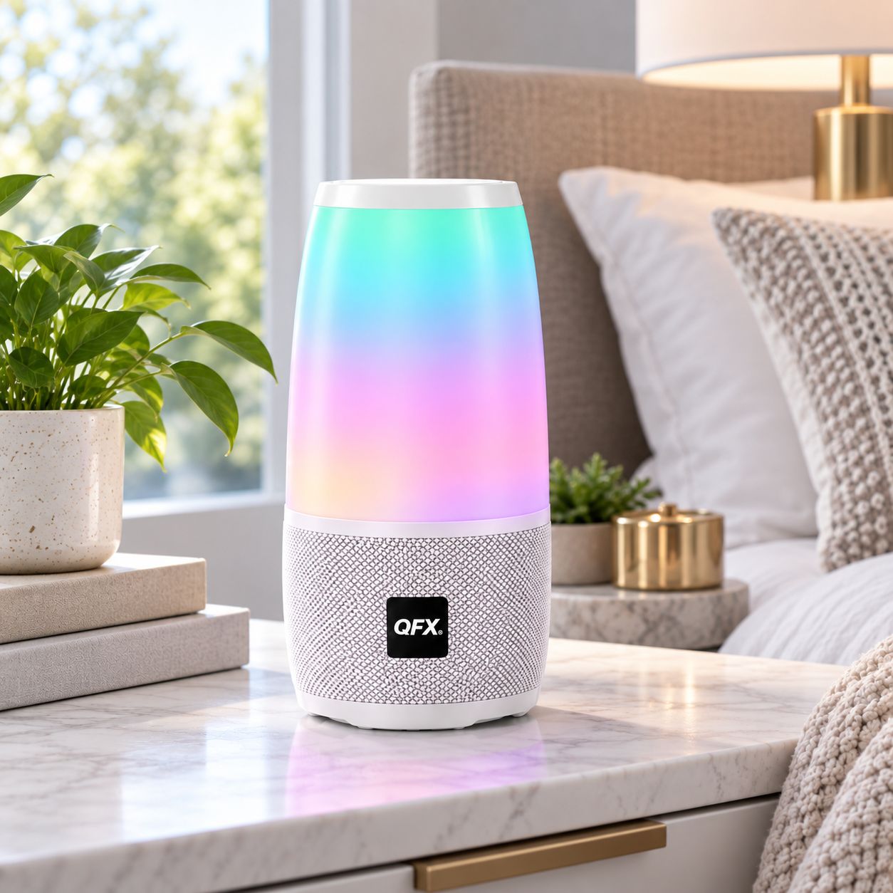 QFX 4 INCH LED BLUETOOTH SPEAKER WITH NIGHT LIGHT WIRELESS AUDIO FM RADIO USB TF AUX TWS AND RECHARGEABLE BATTERY WHITE BT-22-WHT