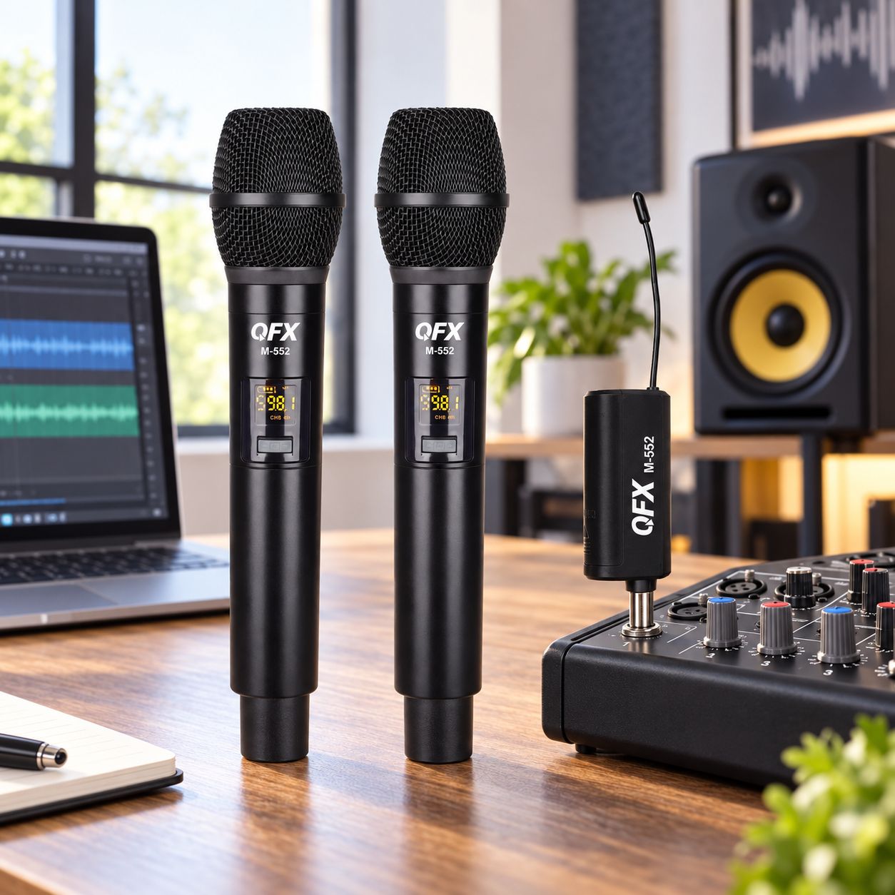 QFX 16-Channel UHF Multi-Frequency Wireless Microphone System with 2 Handheld Microphones and Dual-Channel Receiver – M-552