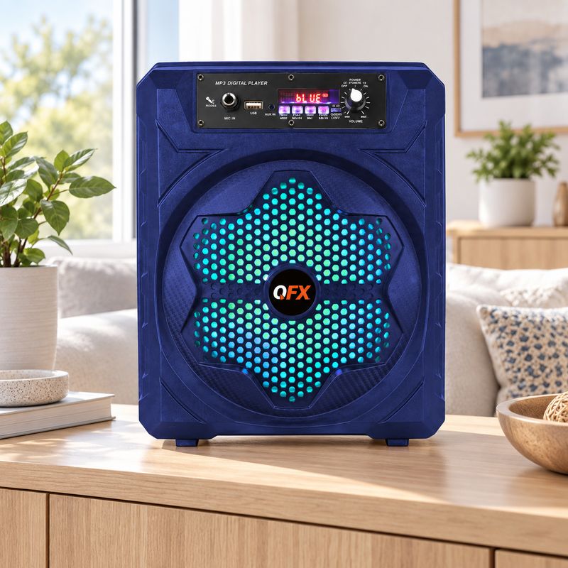QFX 8-Inch Rechargeable Bluetooth Portable Party Speaker with TWS, LED Party Lights, FM Radio and USB Playback, Blue – BT-84-BLU