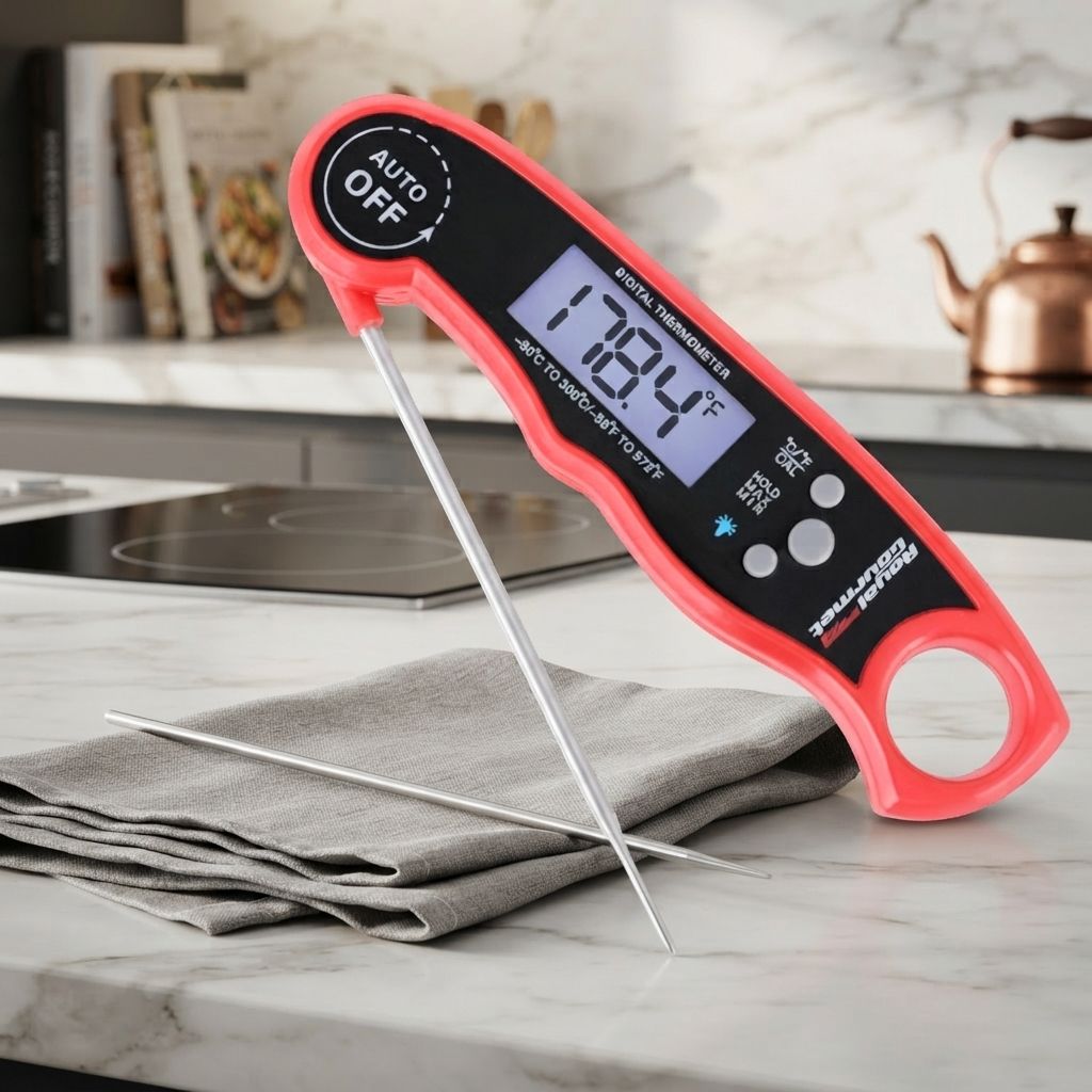 Royal Gourmet Digital Grill Thermometer - Instant-Read, Waterproof, Folding Stainless Steel Probe, Backlit Display, Red/Black (TW2002)