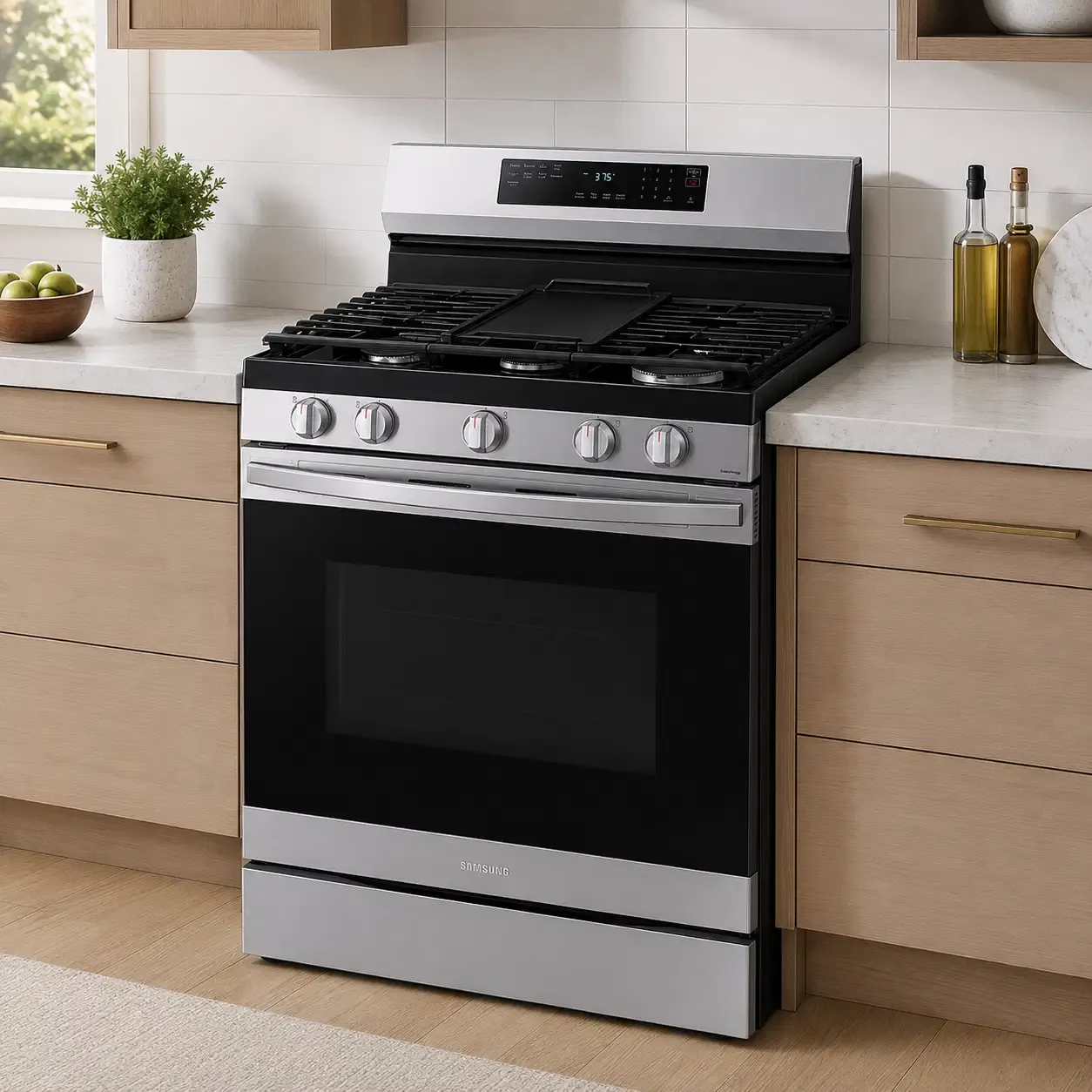 Samsung 30 In. 5-Burner Freestanding Smart Gas Range With 6.0 Cu. Ft. Convection Oven, No-Preheat AirFry And Wi-Fi Enabled In Stainless Steel (NX60A6511SS)