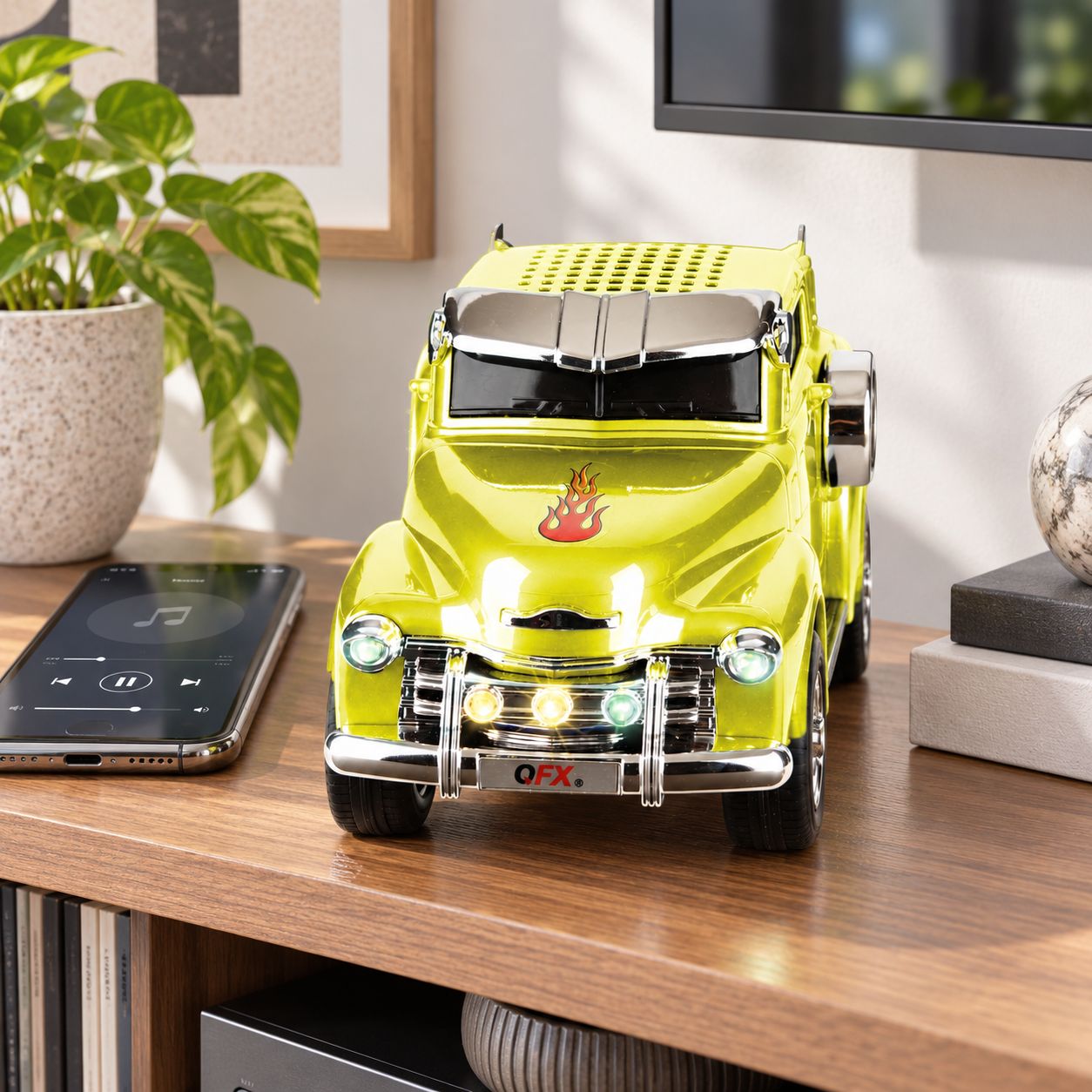 QFX 7W Retro Truck Bluetooth 5.0 TWS Speaker with Dual 3-Inch Speakers, FM Radio and LED Party Lights – Yellow  BT-1953-YEL