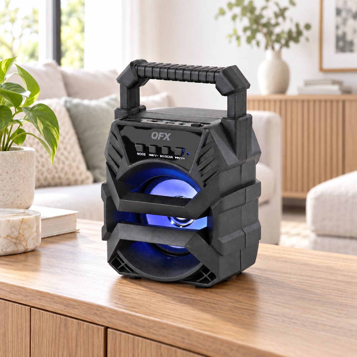 QFX 3-Inch Rechargeable Bluetooth Party Mini Speaker with RGB LED Disco Light, FM Radio and Microphone, Black – BT-1