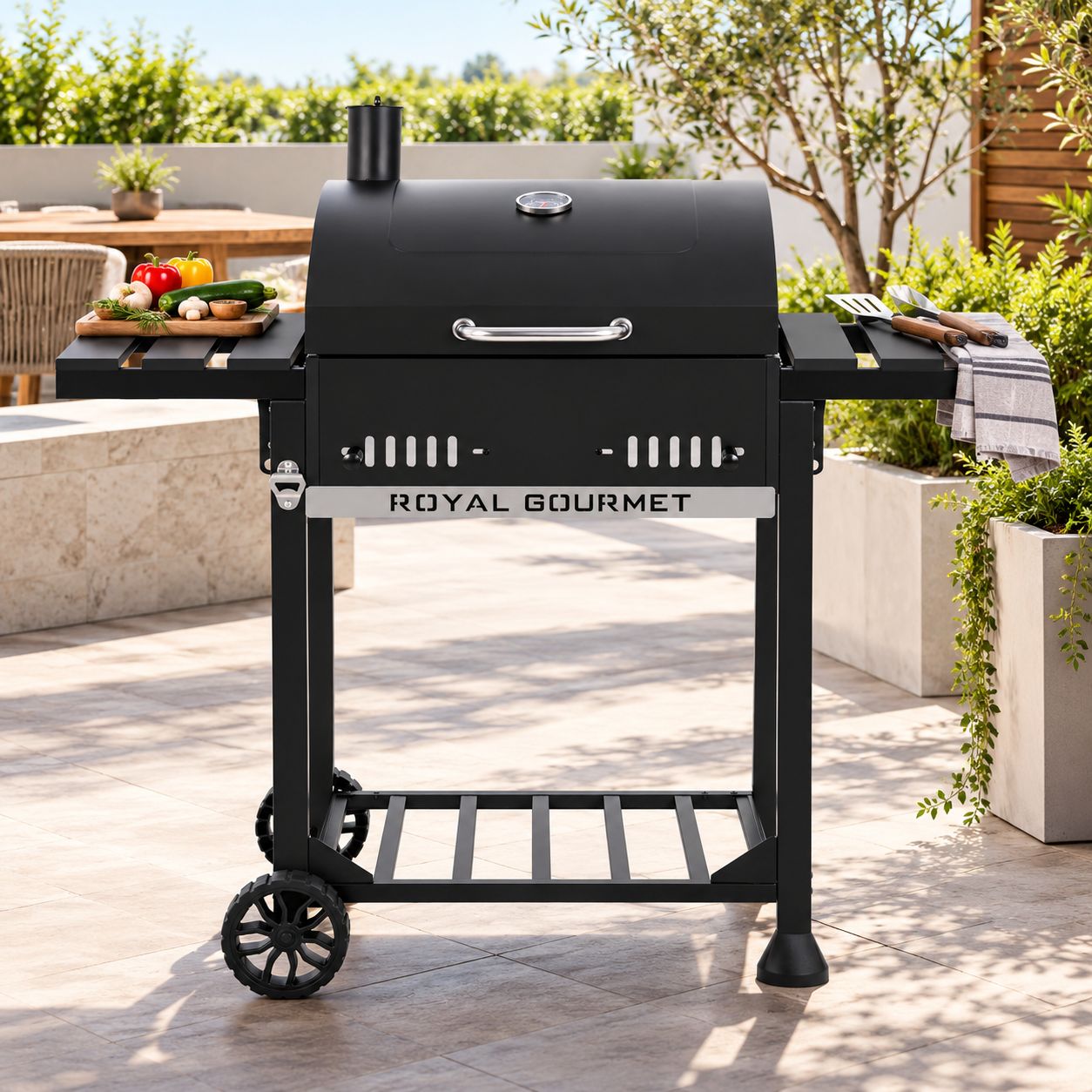 Royal Gourmet 24-Inch Charcoal BBQ Grill with Porcelain-Enameled Grates, Foldable Side Shelves &amp; Built-In Thermometer, 461 Sq. In. Cooking Area (CD1824ET)