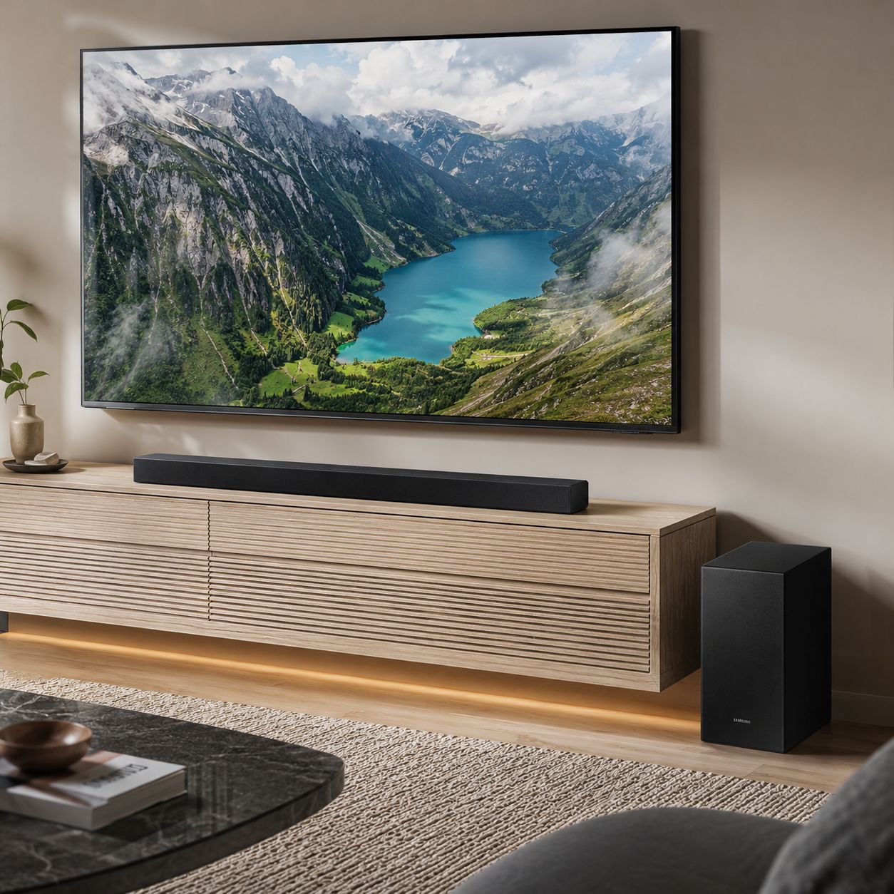 Samsung 2.1-Ch Soundbar With Dolby Audio, 200W, Wireless Subwoofer, Bluetooth (HW-T450/ZA) – Open Box