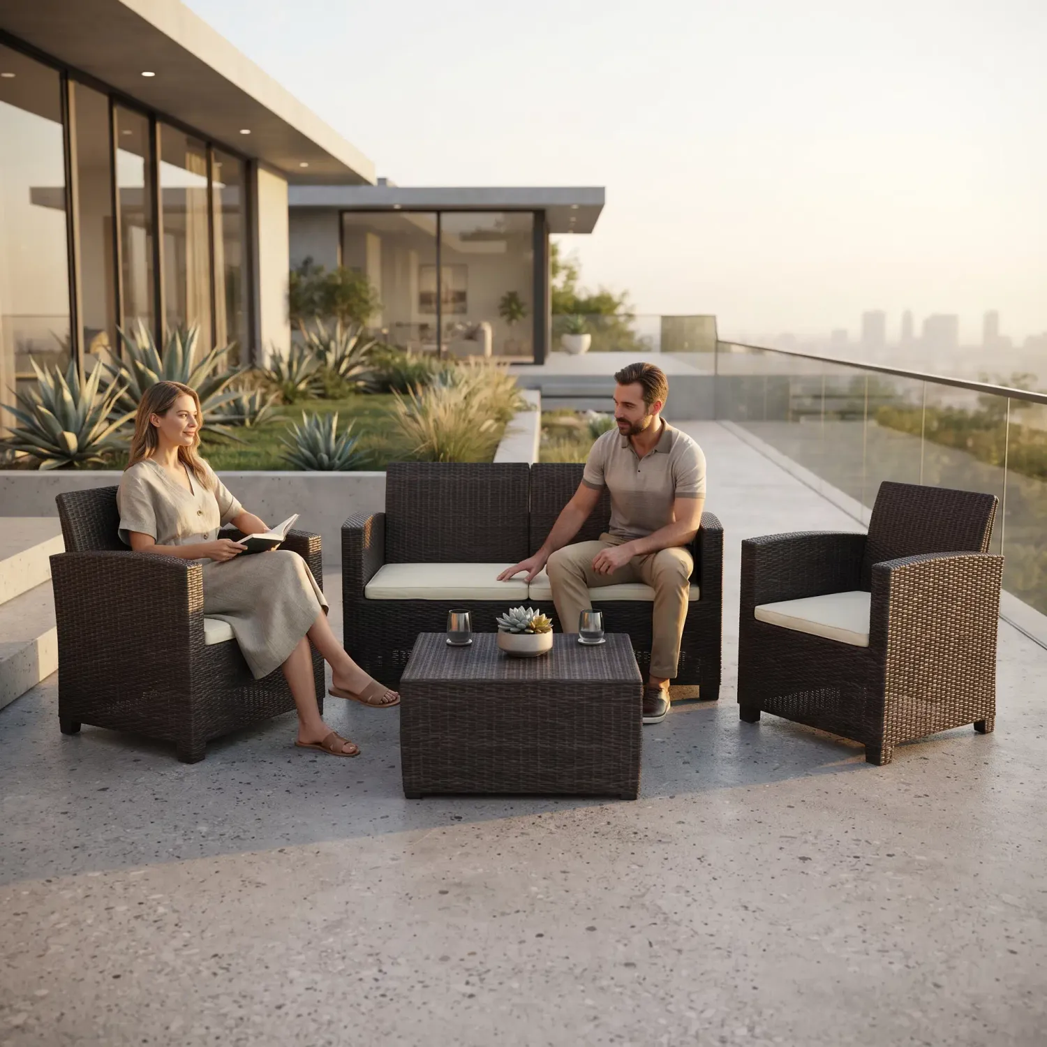 Sanchia Outdoor Patio Lounge Set - Double Seater with Espresso Resin Frame and Beige Cushions
