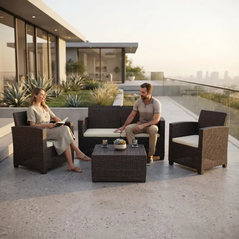 Sanchia Outdoor Patio Lounge Set - Double Seater with Espresso Resin Frame and Beige Cushions