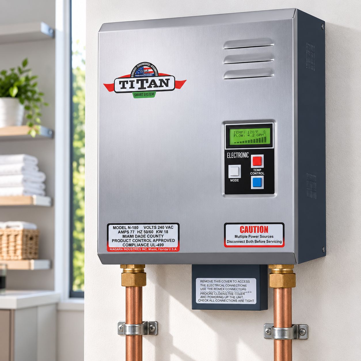 TITAN SCR4 N-180 ELECTRONIC TANKLESS WATER HEATER – 18 KW, 77 AMP, 240V – MODEL N-180