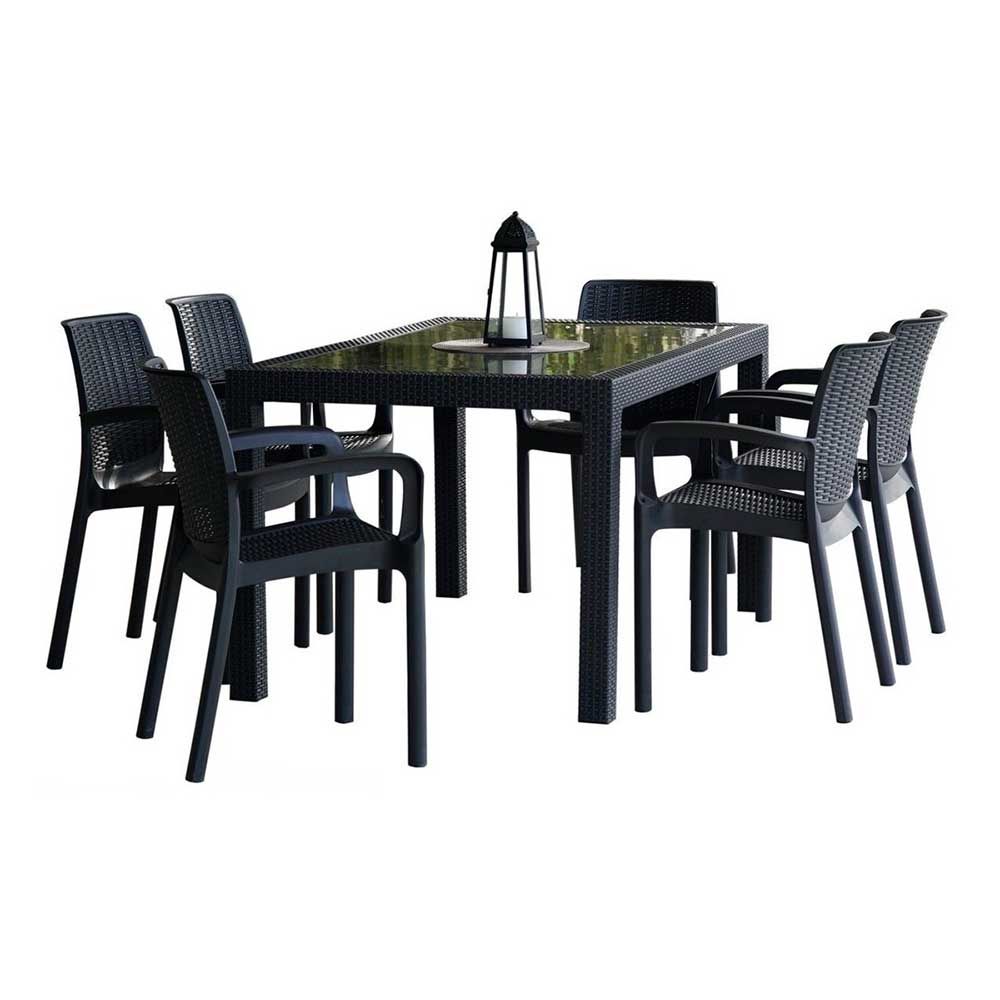 VOSS Indonesia 7-Piece Glass Patio Dining Table Set with 6mm Tempered Glass Top &amp; Wooden-Leg Chairs, Color: Graphite