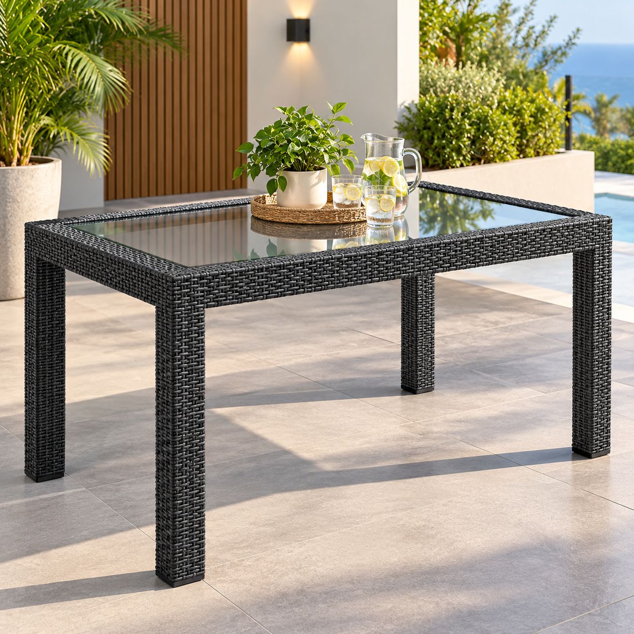 VOSS 2000 Indonesia 7-Piece Indoor/Outdoor Dining Set, 59.06-Inch Tempered Glass Rattan-Look Table with 6 India Chairs with Wooden Legs, UV Resistant,   703158227434-GRAPHITE, Color: Graphite