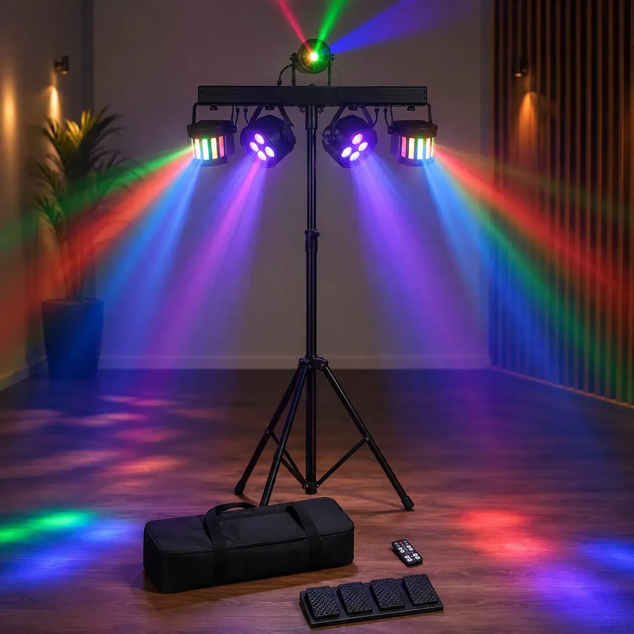 ZEBRA 5-in-1 LED Party Beam Light Bar System, 2 RGBW PAR Cans, 2 LED Derby Effects, Red/Green Laser, DMX and Sound-Activated Controls, Remote, Wireless Foot Pedal, Tripod Stand and Carrying Bags, 60W 