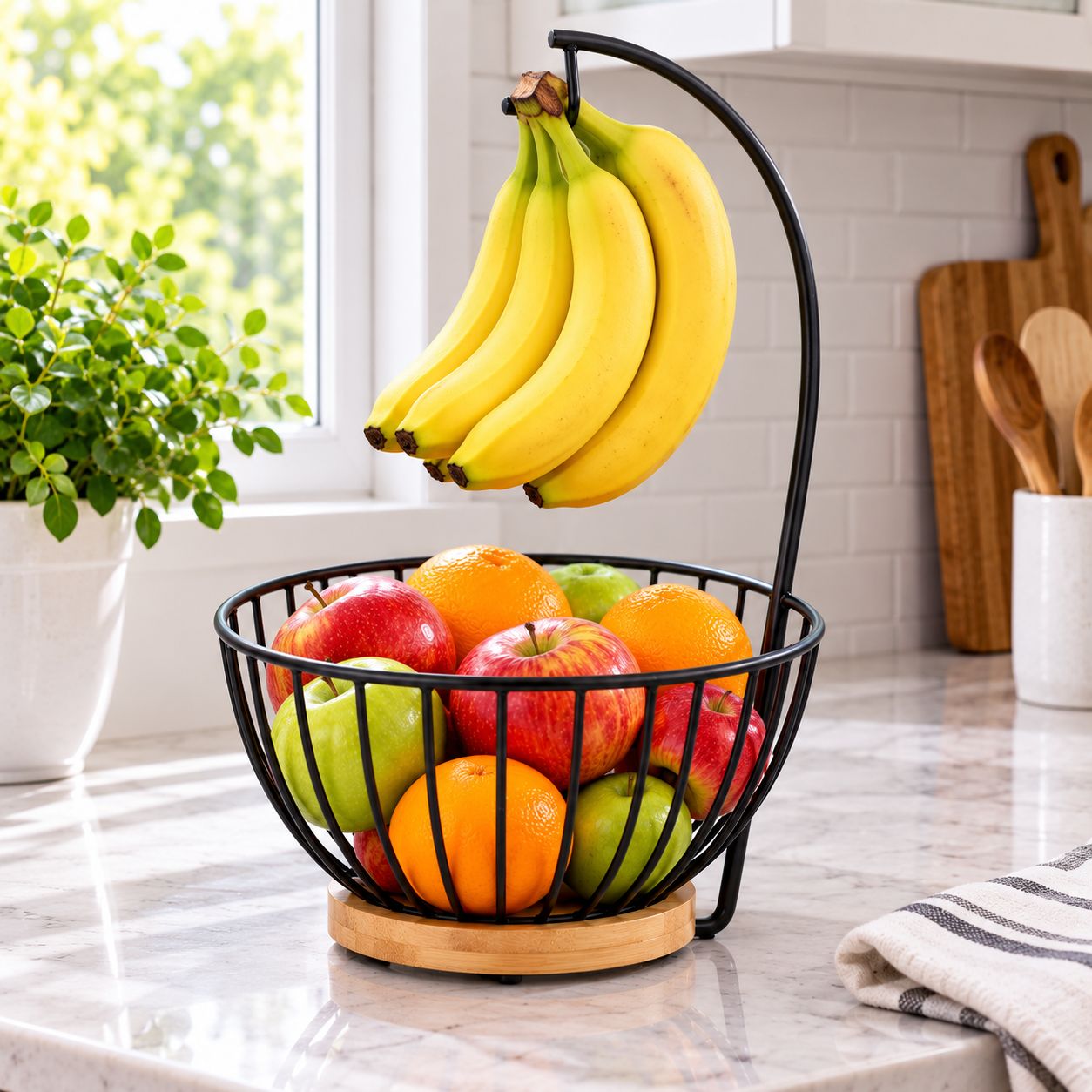 SPECTRUM MADISON FRUIT BOWL &amp; BANANA HOLDER – BLACK / LIGHT WOOD – ASIN B0BSB84R6Z – UPC 010591081852