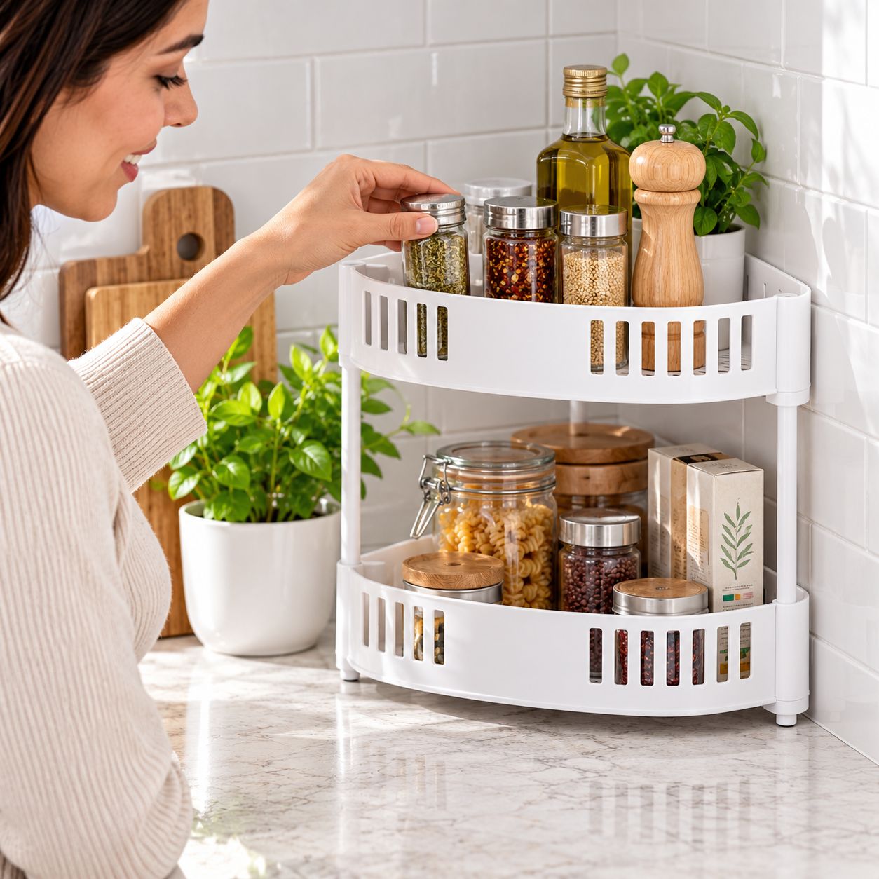 16377 SPECTRUM 2-TIER CORNER STORAGE BASKET – SATIN NICKEL POWDER COAT – MODEL 16377