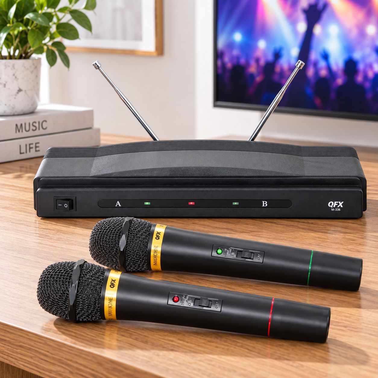 QFX TWIN PACK WIRELESS DYNAMIC PROFESSIONAL MICROPHONE SYSTEM WITH DUAL UNIDIRECTIONAL MICROPHONES VHF FM RECEIVER DUAL SIGNAL INDICATORS TELESCOPING ANTENNAS AND 9V BATTERIES M-336