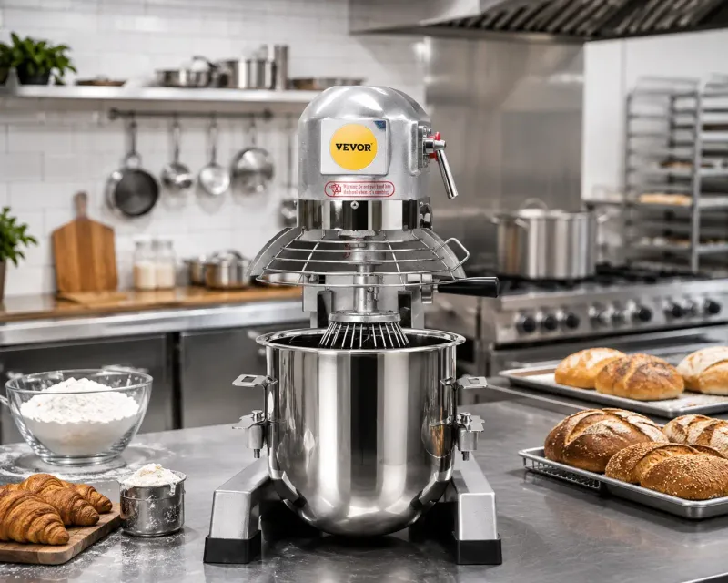 Vevor 30 Qt Commercial Food Mixer With Heavy-Duty Stainless Steel Bowl - 1100W Gear-Driven Planetary Mixer With 3 Speeds, Timer &amp; Dough Hook, Flat Beater, Wire Whip Attachments (B30B)