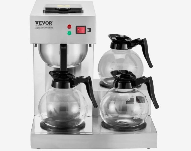 VEVOR Commercial Coffee Maker Machine with 3 Glass Carafes and 3 Warmer Plates in Stainless Steel