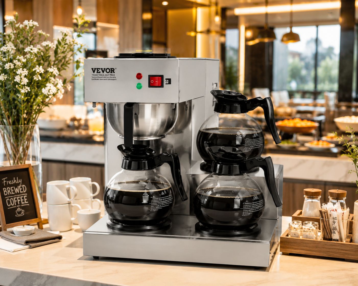 VEVOR Commercial Coffee Maker Machine with 3 Glass Carafes and 3 Warmer Plates in Stainless Steel  RBT-386-BD3