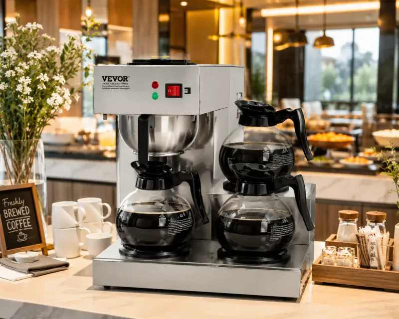 Vevor Commercial Coffee Maker with 3 Glass Carafes &amp; 3 Warmer Plates, Brews 12–13 Cups in 6 Minutes, Stainless Steel (RBT-386-BD3)