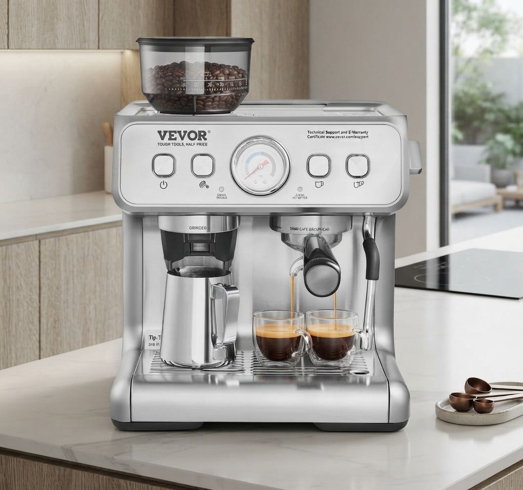 Vevor Semi-Automatic Espresso Coffee Maker with Built-In Grinder, 15-Bar Pressure Pump &amp; Steam Wand, 2.8L Water Tank (CM5020B-UL)