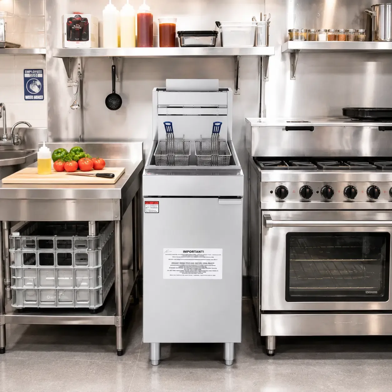 Vevor Commercial 3-Burner Deep Fryer with Dual Baskets, 90,000 BTU, 40 Lb Oil Capacity, Adjustable Temperature 200°F–400°F, Natural Gas, Stainless Steel (GF90)