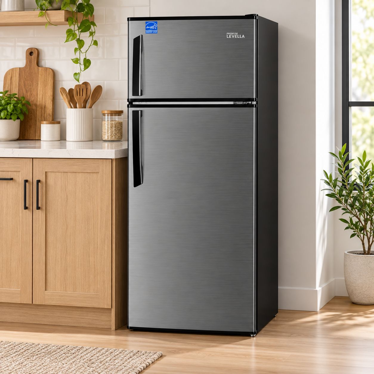 PREMIUM LEVELLA 7.3 Cu. Ft. Top Freezer Refrigerator with ENERGY STAR Certification, Spill-Proof Glass Shelves, Manual Defrost and Stainless Steel Finish – PRF7360HS
