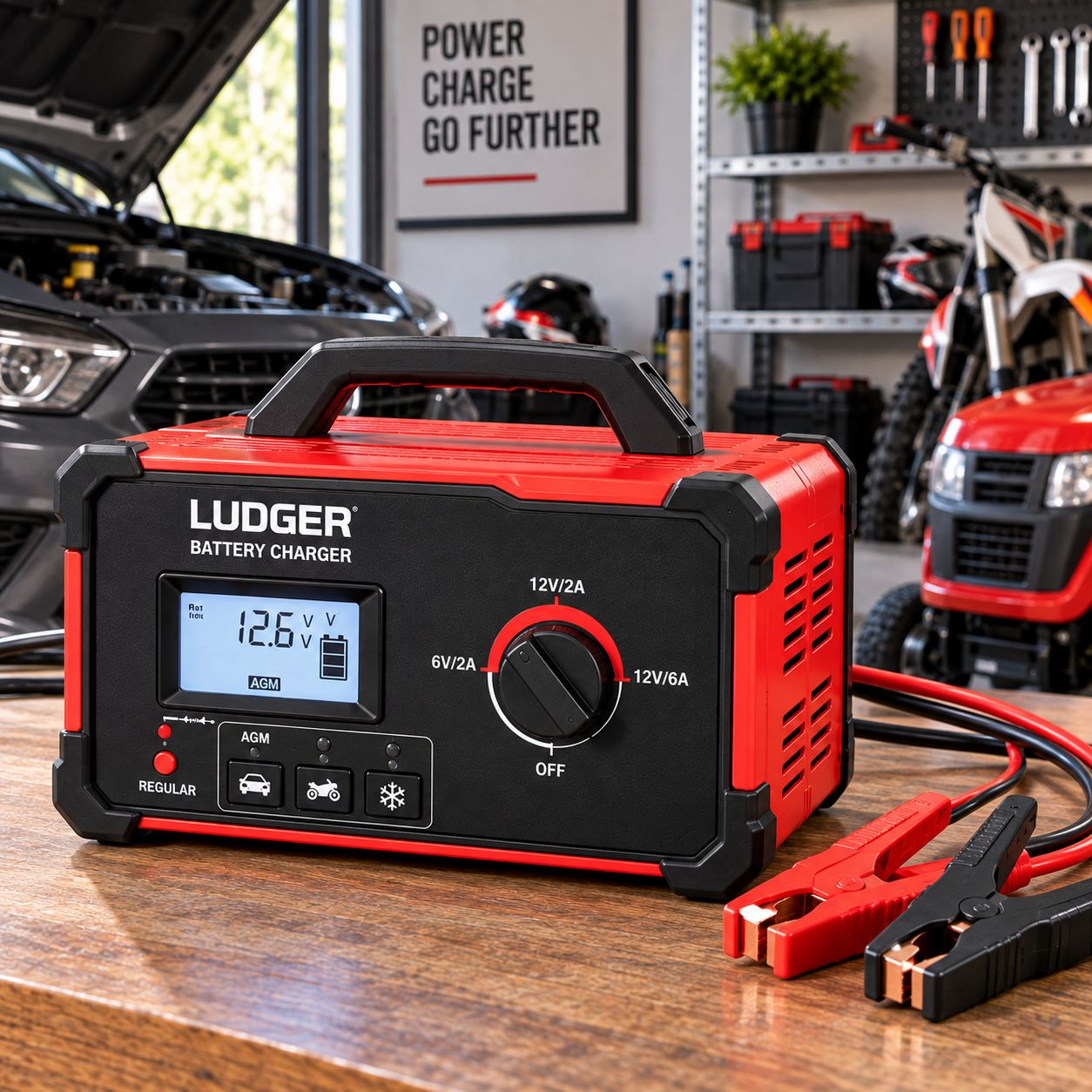 Ludger Battery Charger (LBCG-612-6), 12 Volts, Heavy-duty Cables and Clamps, Circuit Protection, Regular and AGM Battery Type, LED Screen, Automatic Charge, Cooling Fan, 3 Charging Modes, 120 AC/60 Hz