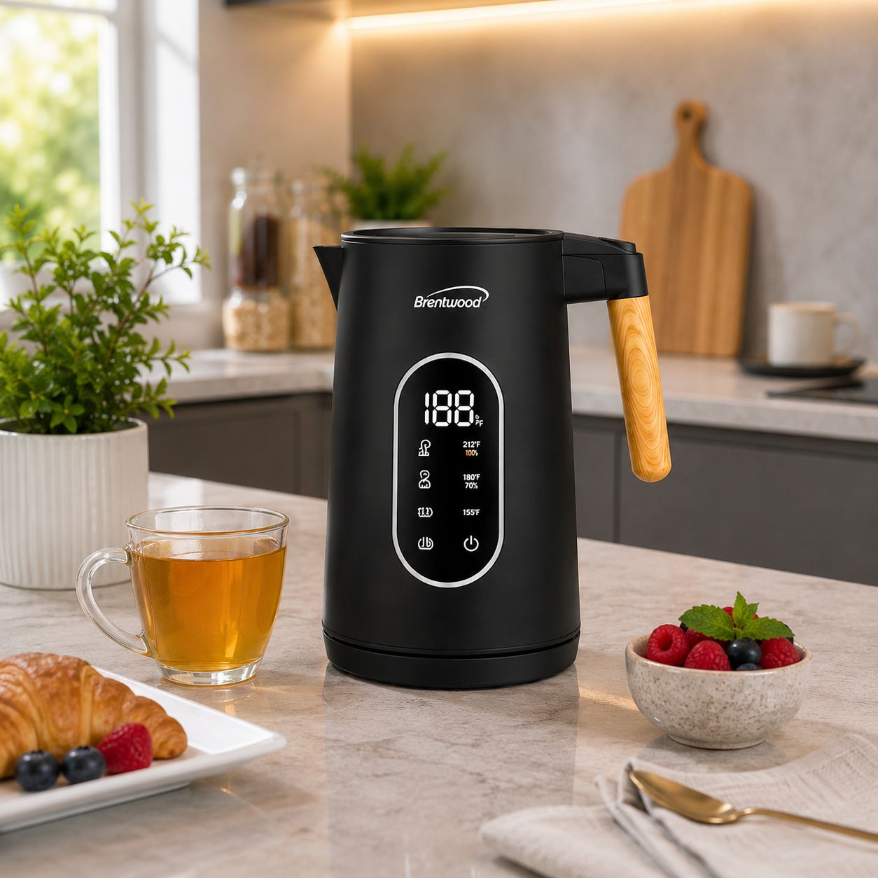 Brentwood Cordless Digital Electric Kettle - 1.7 L Capacity, 1,100-Watt, 4 Smart Presets, 13 Temperature Levels, 2-Hour Keep Warm, Stainless Steel Interior, Black (KT-2014DBK)