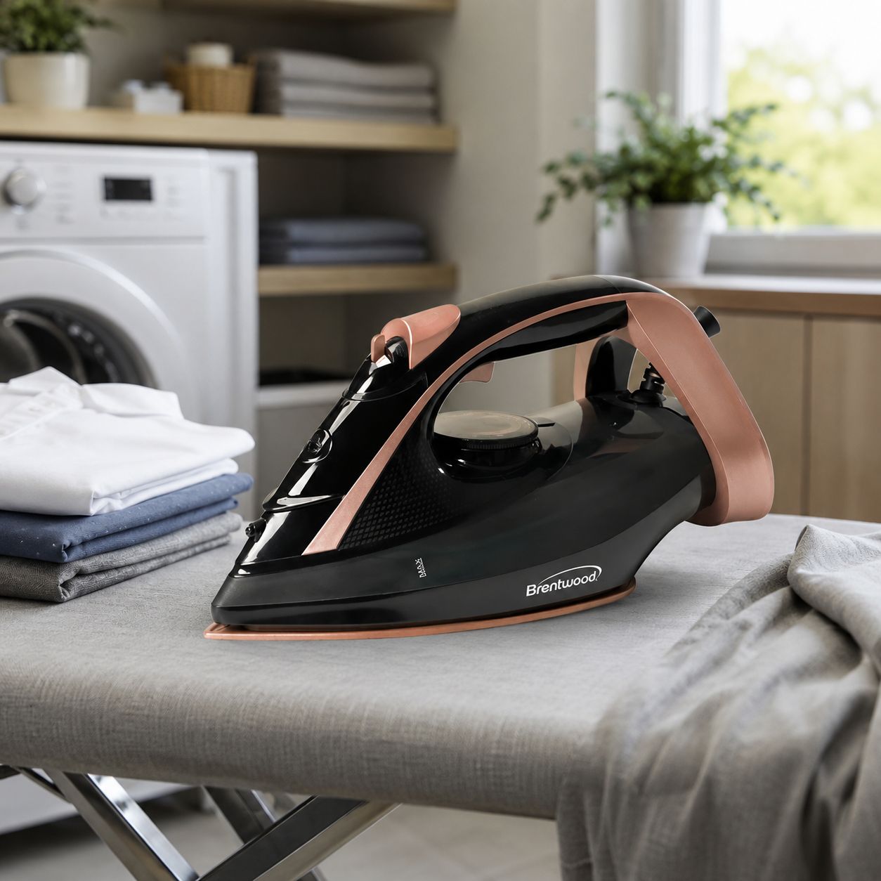 Brentwood Nonstick Ceramic Steam Iron, 1,200W with Vertical Steam &amp; Self-Clean, Black and Rose Gold (MPI-69BKRG)