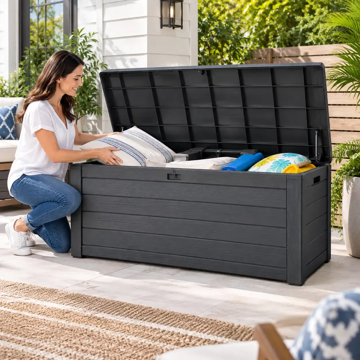 Keter Kentwood Resin Deck Box - Lockable Weather-Resistant Outdoor Storage for Patio Furniture Cushions, Throw Pillows, Garden Tools and Pool Floats, 92 Gallon, Dark Grey / Graphite (249621)