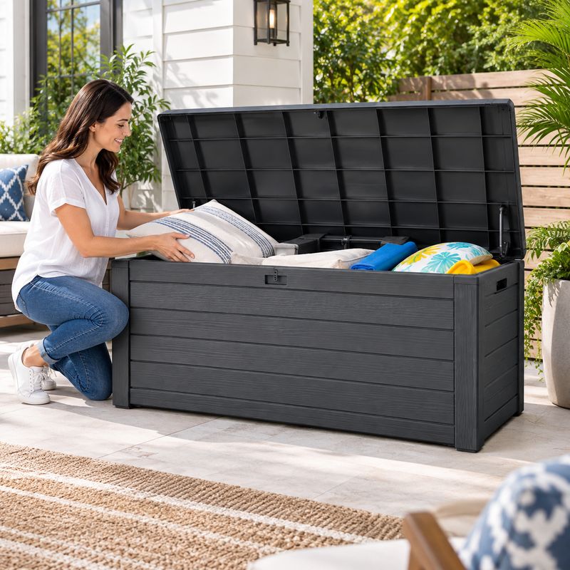 Keter Kentwood Resin Deck Box - Lockable Weather-Resistant Outdoor Storage for Patio Furniture Cushions, Throw Pillows, Garden Tools and Pool Floats, 92 Gallon, Dark Grey / Graphite (249621)