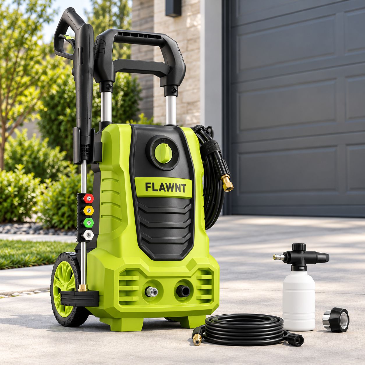 FLAWNT Electric Pressure Washer – 2,030 PSI Max, 26 Ft Hose, Four Quick-Connect Nozzles and Foam Cannon, Green (0CSSYTNRW)