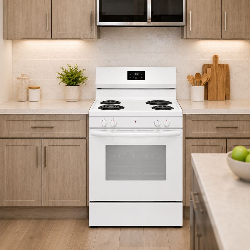 Frigidaire 30" Freestanding Electric Range with Oven - 5.3 Cu. Ft. Oven, Even Baking Technology, 4 Coil Elements, Store-More Storage Drawer, White