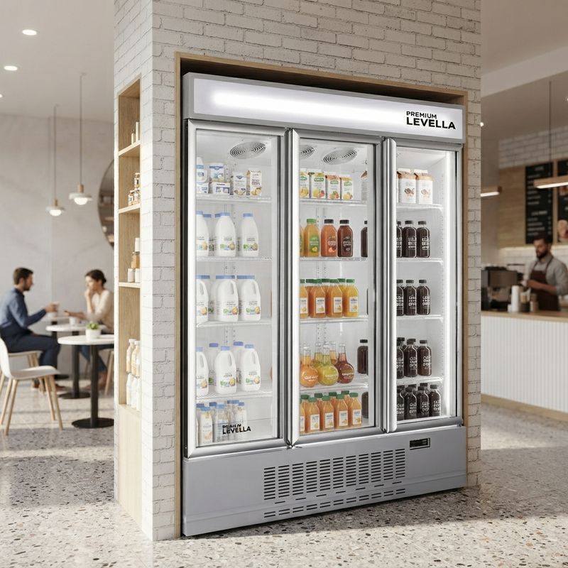 Premium Levella Commercial Triple Glass Door Display Refrigerator - 52.3 Cu. Ft. Merchandiser With LED Lighting, Frost-Free Cooling &amp; Locking Casters (PRN5236DXI)