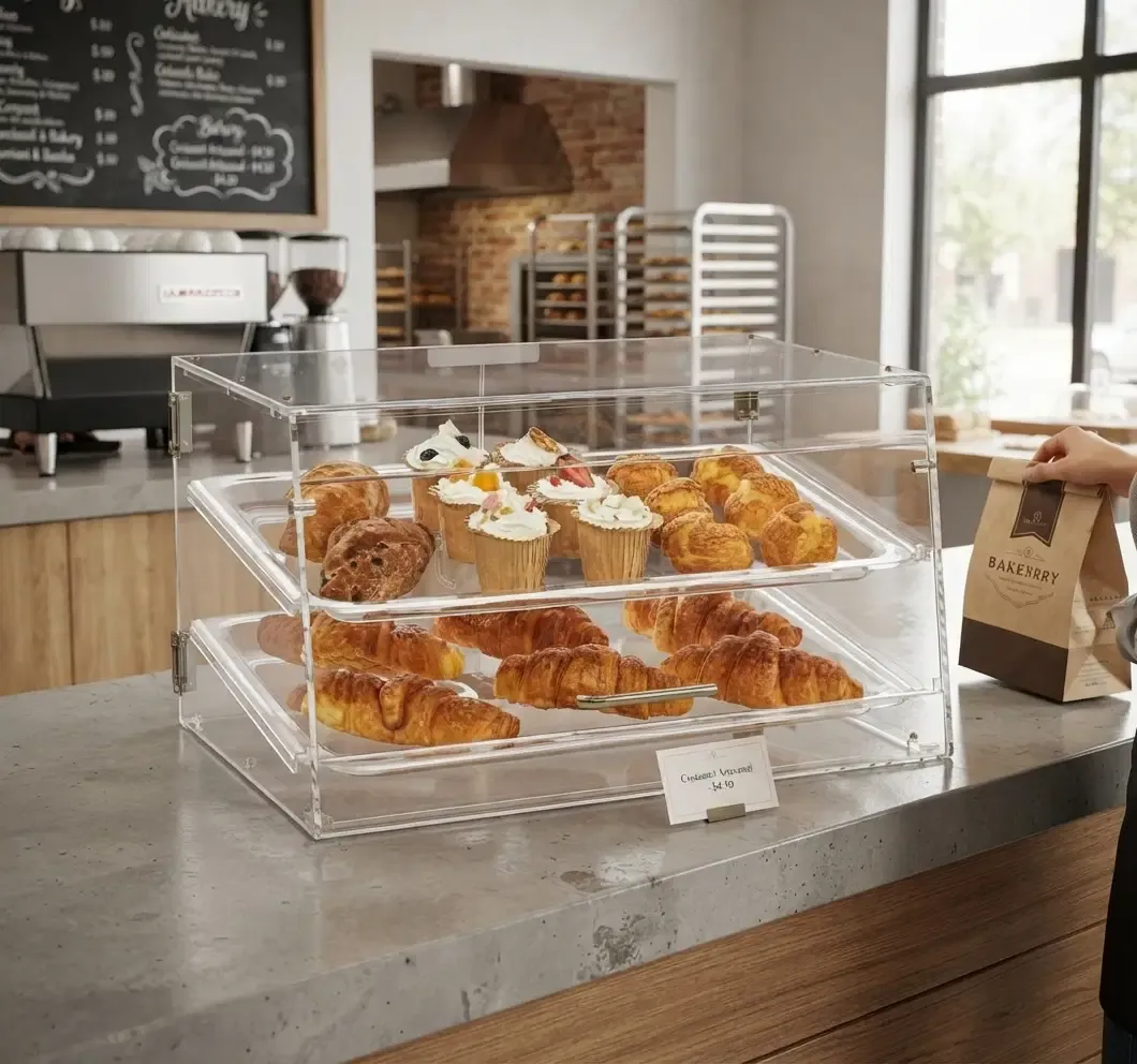 Vevor 2-Tier Commercial Countertop Bakery Display Case - Crystal-Clear PMMA Acrylic with Rear Access Doors, Transparent (CX-01)