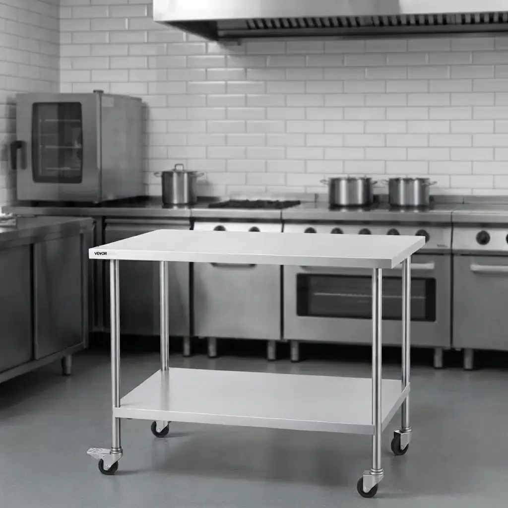 Vevor Commercial Stainless Steel Food Prep Table with Adjustable Shelf &amp; Locking Casters, 30" x 48" x 38", SUS201 Stainless Steel (HETG-30-48)