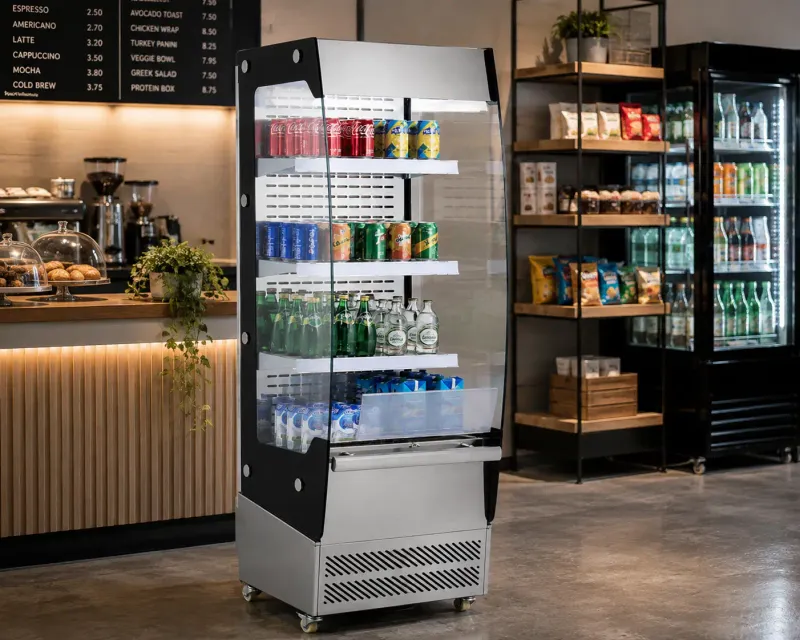 Vevor 3-Tier Open Air Commercial Refrigerator with Air Curtain Cooling, 7.8 Cu. Ft., LED Lighting, Adjustable Stainless Steel Shelves (LSFMJ2C78CUFW6D20V1 / XCS-220L)