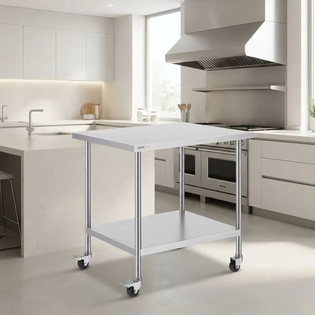 VEVOR Commercial Stainless Steel Food Prep Table with Adjustable Shelf &amp; Locking Casters, 30" x 36" x 38" (HETG-3036)
