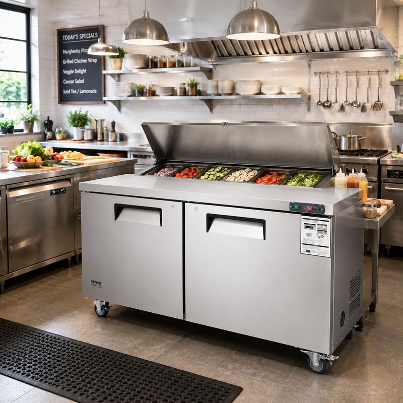 VEVOR 60" Commercial Refrigerated Food Prep Station with 2 Doors &amp; Frost Free Refrigerator