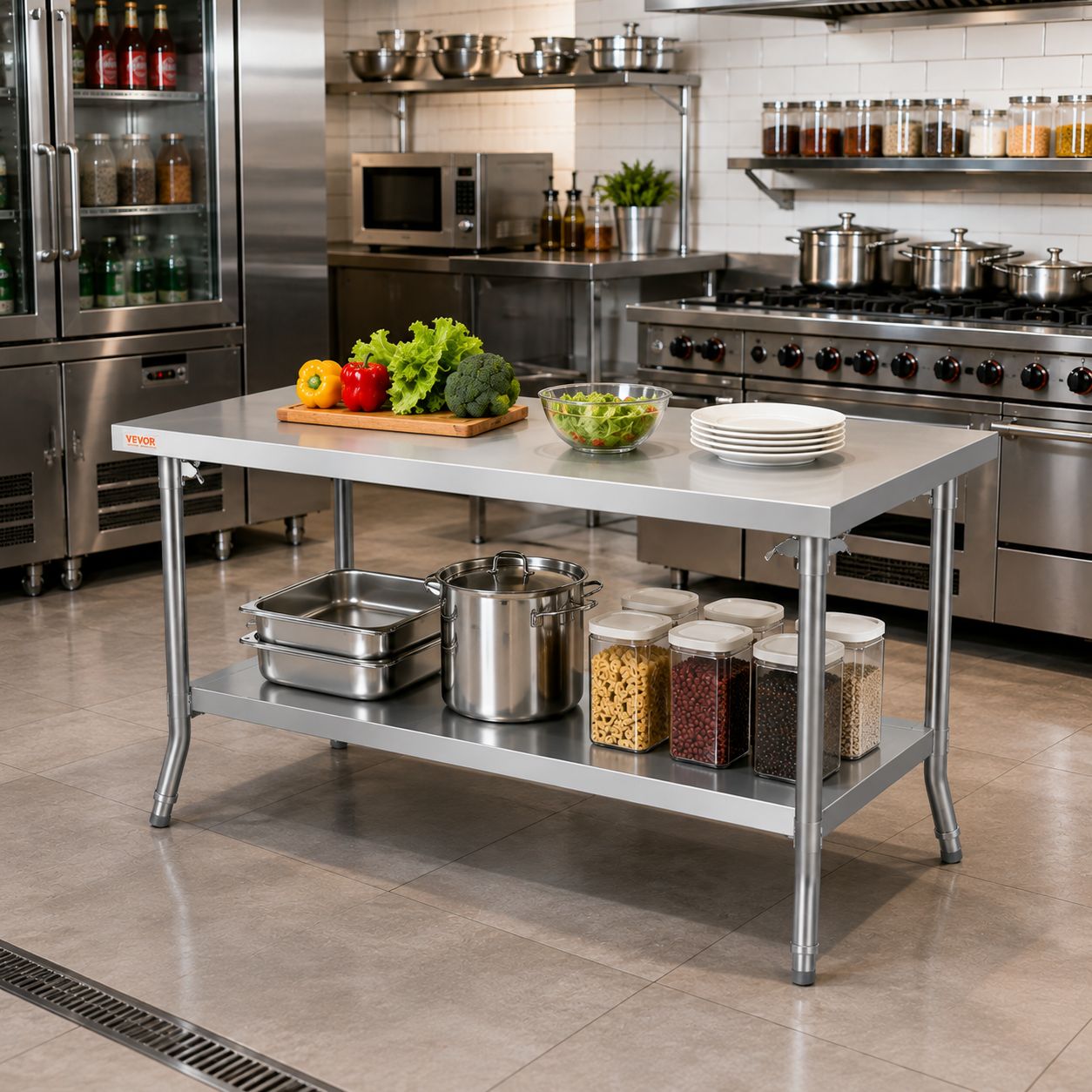VEVOR Commercial Foldable Kitchen Food Prep Table, 48" x 30", SUS201 Stainless Steel, 300 lb Capacity, Adjustable Undershelf (ZDGZT122-76X)