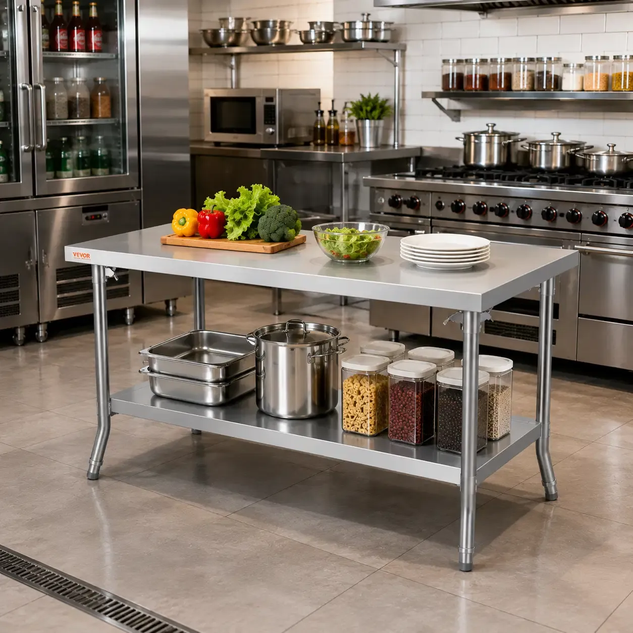 VEVOR Commercial Foldable Kitchen Food Prep Table, 48" x 30", SUS201 Stainless Steel, 300 lb Capacity, Adjustable Undershelf (ZDGZT122-76X)