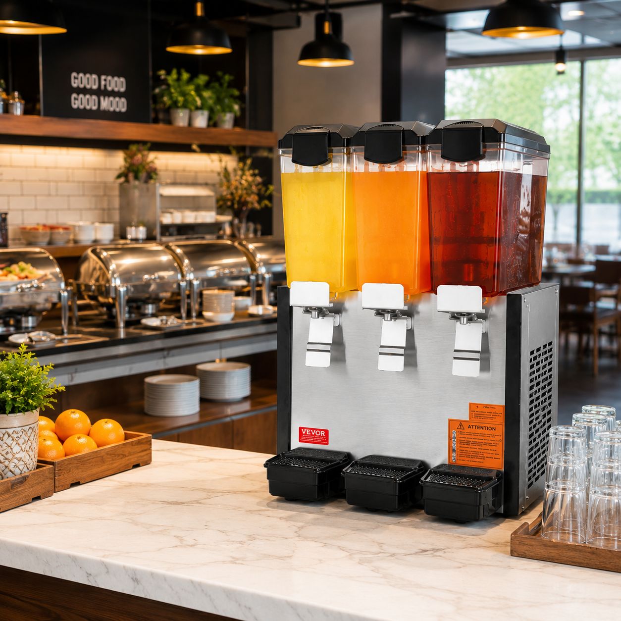 Vevor Commercial Refrigerated Drink &amp; Juice Dispenser, 3 x 10L (30L Total Capacity), Stainless Steel, Continuous Stirring Paddles (LYJ10LX3)